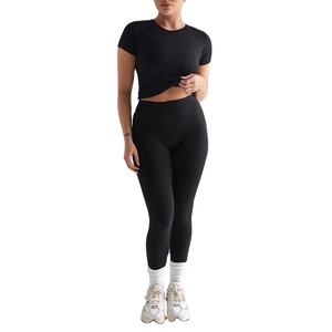 Hot Selling Custom Logo Ribbed Skinny Two Piece Set Women Short Sleeve <b>Crop</b> Top <b>Leggings</b> Tracksuit Outfits 2026 - Product Image 2