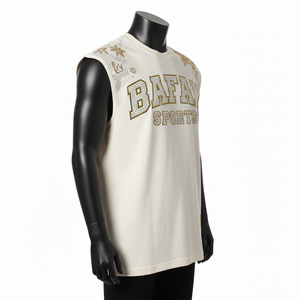 T-shirt 100% coton pour homme, coupe ample, imprimé, t-shirt sans manches en maille polyester de haute qualité, couleur crème, strass, logo personnalisé - Product Image 3