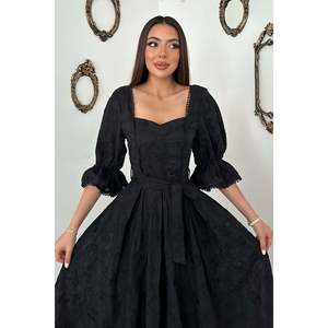Black Embroidered <b>Dress</b> with <b>Elasticated</b> Sleeves - Black - Product Image 3