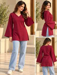 เสื้อทูนิคแขนยาวคอวีสีพื้นสำหรับผู้หญิงขายส่ง – เสื้อเชิ้ตแขนยาวลำลองคอวีสำหรับใส่ทุกวัน เสื้อทูนิคแขนยาวสีแดงสำหรับผู้หญิง - Product Image 4