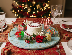 Plateau de service rond de luxe avec incrustation de nacre, plat décoratif avec poignées en métal pour la présentation de gâteaux, du café, décoration d'intérieur - Product Image 6