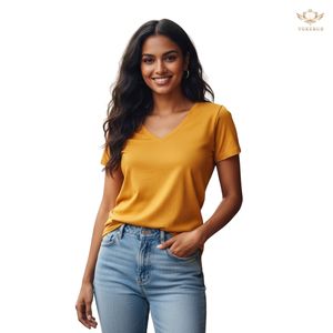 Camiseta de Cuello en V para Mujer de la Mejor Calidad, Logotipo Personalizado, Informal, Verano, Lisa, Color Sólido, Algodón Suave, Venta al por Mayor, OEM Yokebud - Product Image 3