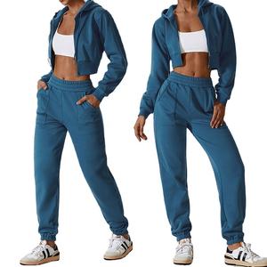 Femmes hiver Fitness jambe droite survêtement pantalon ensemble fermeture éclair complète haut court polaire à capuche taille élastique pantalons de survêtement avant plat - Product Image 3