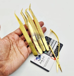 GRT-Gold Pince à cils à poignée diamantée avec logo personnalisé Acier inoxydable lisse pour extension de cils Volume russe Fibre pointue - Product Image 5