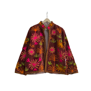 Veste Ziana en velours brun chocolat riche, style bohème, brodée à la main, style universitaire, manches courtes, coton, automne/hiver - Product Image 3