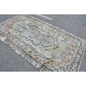 Tapis turc vintage 4.9x8.8 pieds laine tissage plat support en latex vert beige motif patchwork pour décorations de couloir de salon - Product Image 2