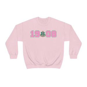 Sudadera con cuello redondo AKA 1908 Year Crest, blanca con letras griegas en rosa y verde, suéter de lana tipo pullover para hermandad - Product Image 1