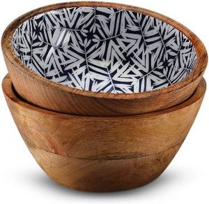Luxury Eco-friendly Mango Wood Salad Bowl Set <b>Printed</b> Enamel Fruit Handicrafts <b>Plate</b> for Home Decor Weddings Dinner Parties - Product Image 1