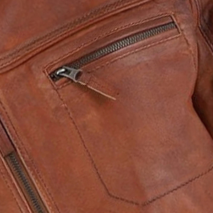 Chaqueta de Motociclista de Cuero Genuino Marrón para Hombre, Cuello Alto, Cierre de Cremallera, Manga Regular, Estilo Otoñal - Product Image 5