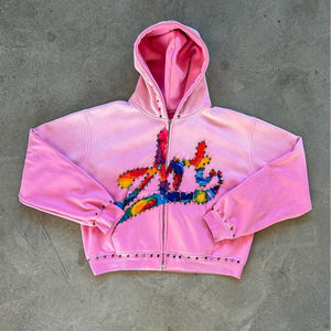 Sweat à capuche personnalisé strass soleil délavé 100% coton pleine fermeture éclair lavage à l'acide à capuche fermeture éclair sérigraphie à capuche French Terry - Product Image 2