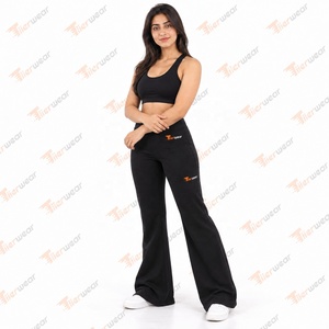 Tiierwear <b>Women's</b> High Waist Flare Pants Solid <b>Black</b> Knitted Spandex Cotton Elastic Waist Loose Fit Full Length Casual Spring - Product Image 2