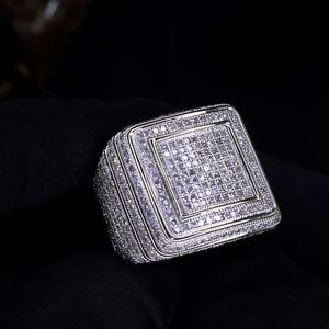 925 Sterling Silver Square Diamond Hip Hop <b>Ring</b> Original Statement Jewelry for <b>Men</b> Women Rhodium Plated Moissanite for Weddings - Product Image 2