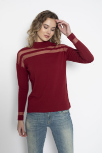 Fabricante al por mayor de las mujeres Sheer Striped cuello alto manga larga Slim-Fit Casual OfficeAutumn Winter elegante suéter de punto - Product Image 3