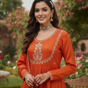 Ensemble Kurta en coton évasé de dernière génération pour femmes avec col brodé |   Ensemble Kurta en coton évasé pour les fêtes en gros - Product Image 1