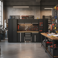 Système de rangement industriel en acier pour garage avec armoires à outils verrouillables, établi à panneaux perforés et organisateur multi-tiroirs
