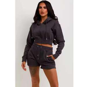 Haute qualité noir femmes fermeture éclair sweat à capuche haut et ensemble court survêtements deux pièces ensemble femmes survêtement travail à capuche - Product Image 4