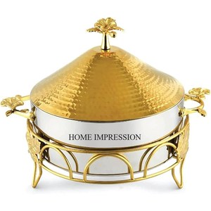 Casserole de forme ronde polie brillante de couleur argentée avec support de designer antique plaqué or de haute qualité et couvercle supérieur à texture martelée - Product Image 1