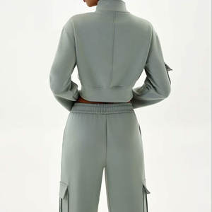 Custom Solid Short Gym Wear Half Zip Pullover Tracksuit Jogging <b>Crop</b> <b>Top</b> Windbreaker Jacket Bra Pants Set Women One Set 2026 - Product Image 3