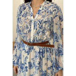 Robe bleue avec détails de passepoil - Bleu - Product Image 3