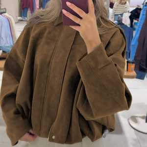 Women's <b>Suede</b> leather <b>Bomber</b> <b>Jacket</b> Casual Lightweight Oversized Lapel Short Leather Transition Coa - Product Image 5