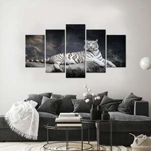 Art mural élégant en verre motif tigre blanc : toile imprimée d'animaux modernes, ensemble de 5 toiles Mx - Product Image 1