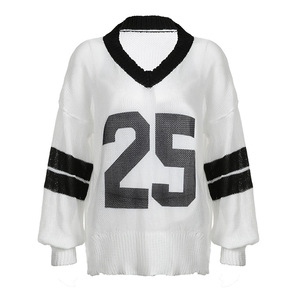 2024 otoño estilo universitario Digital hueco <span class=keywords><strong>transparente</strong></span> cuello en V suelto Casual manga larga suéter de punto suéter de <span class=keywords><strong>mujer</strong></span> - Product Image 5