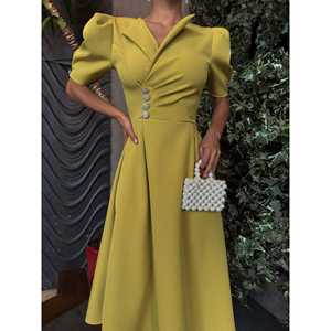 Vestido Satinado 2130 con Chaqueta de Manga Abullonada, Cuello y Detalle de Botones, Silueta en A y Cintura Natural - Product Image 5