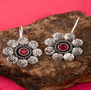 High Quality Oxidised Silver Red Flower <b>Stud</b> <b>Earrings</b> for Women and Girls Top-rated Product at Great Price - Product Image 1