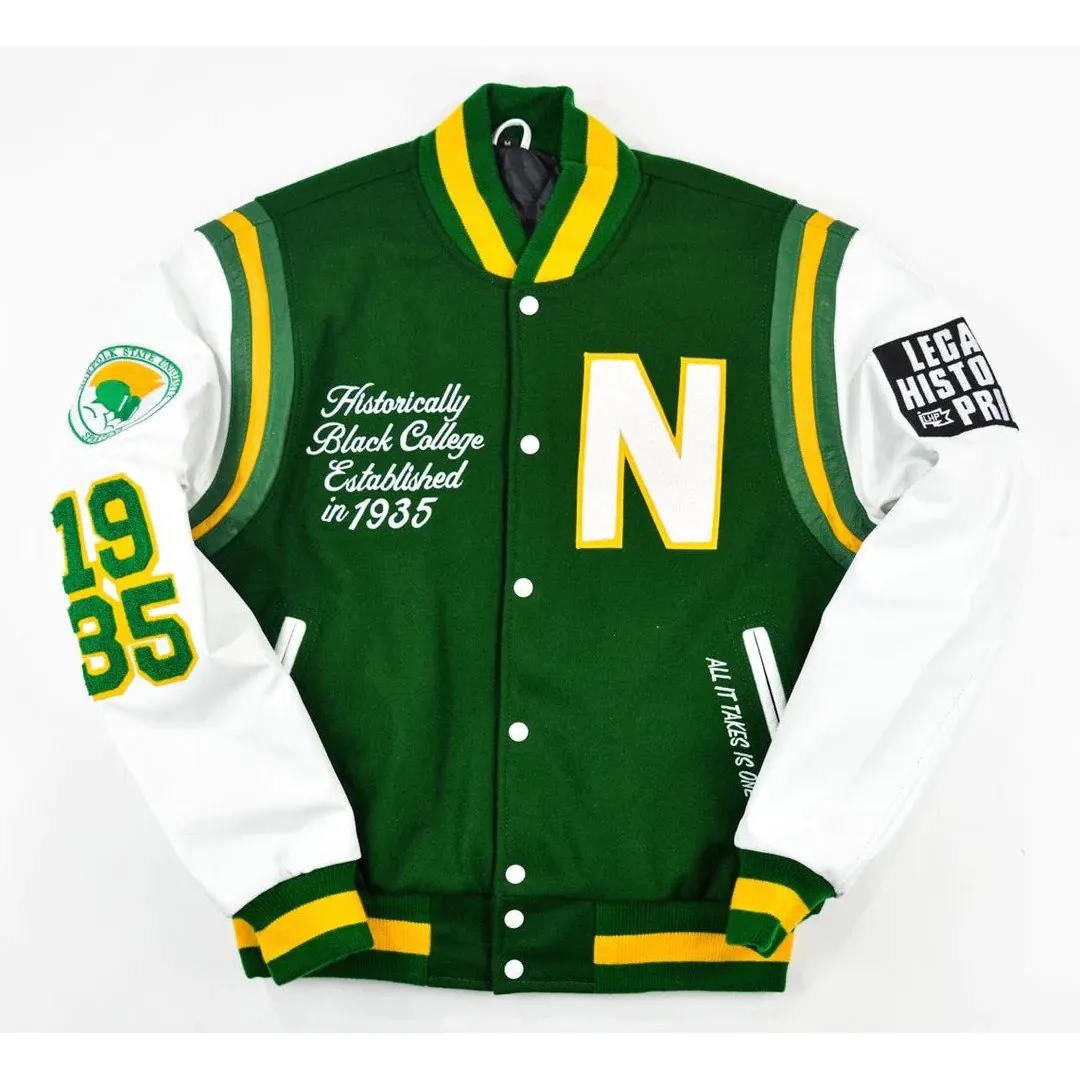 Aangepast Uw Logo Ontwerp Varsity Jack Groene Wollen Body & Witte Echte Leren Mouwen Brievenman Baseball Jack