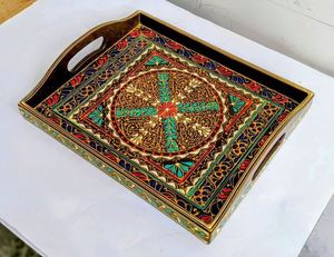Plateau de service en bois peint à la main d'art traditionnel de Swat, plateaux de service décoratifs en bois faits à la main et peints à la main - Product Image 5