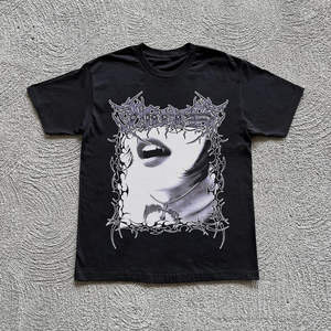 Black Oversized T-<b>Shirt</b> with <b>Gothic</b> Face Graphic Print Streetwear Casual 100% cotton T-<b>shirt</b> for <b>men</b> loose fit printed 2025 - Product Image 1
