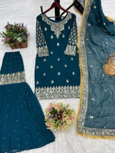 Élégant ensemble Kurti avec Sharara et Dupatta avec superbe séquence de broderie travail tenue de fête parfaite pour les femmes - Product Image 5