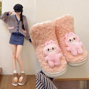 Velvet Mid Heel (3-5cm) Winter <b>Boots</b> with Short Tube Sleeve and Muffin Bottom for Home <b>Slippers</b> - Product Image 5