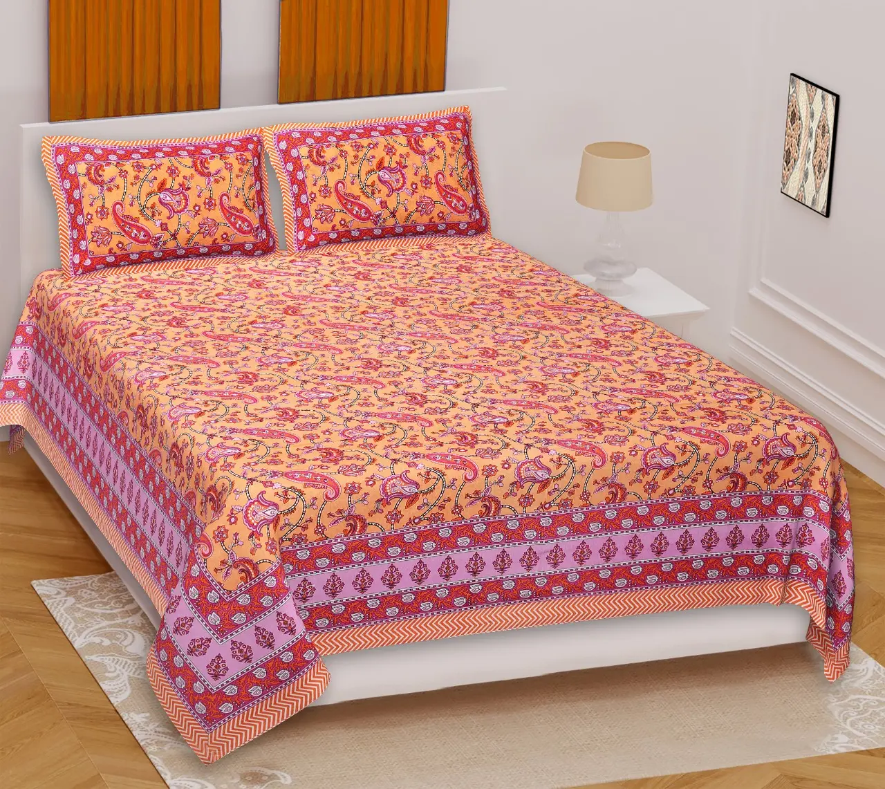 طقم أغطية سرير مصنوع يدويًا هنديًا بسعر الجملة ملاءات سرير وتغطية سرير تصميم جيبوري كتلة مطبوعة يدويًا حجم سرير قطني