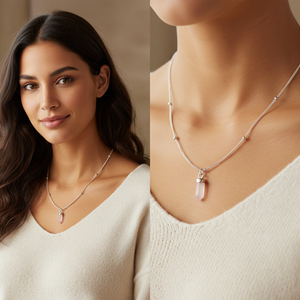 Pendentif en quartz rose en forme de balle sur chaîne à billes en argent sterling plaqué rhodium, style romantique pour fiançailles, mariage, fête - Product Image 6