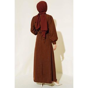 Robe en lin plissée sur le devant Marron - Product Image 1