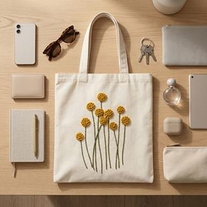 Sac fourre-tout en coton brodé Golden Bloom avec pompon pour femme, grand sac à main tendance pour un usage quotidien - Product Image 5
