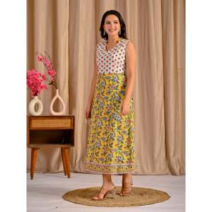 Robe jaune sans manches en coton imprimé Jaal, vêtements indiens et pakistanais - Product Image 5