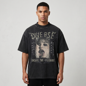 T-shirt Homme Oversize Vintage Streetwear en Coton Épais Délavé à l'Acide avec Impression Graphique et Strass, Modèle Vierge OEM - Product Image 1