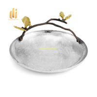 Plateau de service en acier inoxydable avec support décoratif en forme de branche et accents de feuilles dorées, 100 pièces, compatible lave-vaisselle, pour buffet, gâteaux, fruits et repas