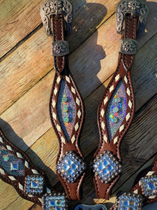 Kaamkaaj Genuine Leather Western Saddle Horse Tack <b>Set</b> Metal Components Buckle Closure <b>Beaded</b> Headstall Breast Collar-Riding - Product Image 4