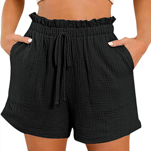 Short en coton pour femmes taille haute jambe large cordon de serrage taille élastique coupe ample à volants short d'été décontracté avec poches - Product Image 4