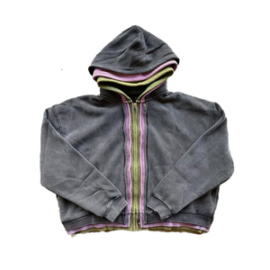 Sudaderas con capucha de calle para hombre recortadas de peso pesado personalizadas Capas triples con cremallera Bloque de color Capas dobles para invierno Teñido liso - Product Image 1