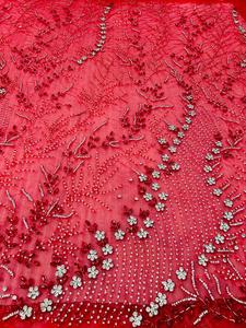 Meilleur prix 100% Polyester Satin luxe perlé tissé maille motif avec Zircon fait à la main fournisseur indien vêtements faisant du tissu - Product Image 3