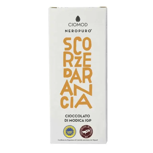 Made in Italy Minimum Cocoa 50% Orange Peels Gluten Free Lactos Free Vegan PGI 100g Modica Orange Peels Chocolate Bar