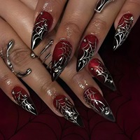HYC-DZ-650 Faux Ongles à Coller Réutilisables, Longs Stilettos, Motif Araignée Mystérieuse d'Halloween, Couverture Complète, Design Gothique, 24 Pièces