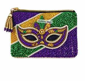 Portefeuille à pièces perlées du Mardi Gras, pochette zippée faite à la main pour accessoires de carnaval - Product Image 1