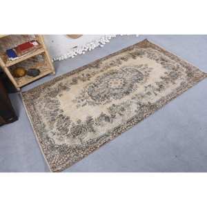 Alfombra de retales de lana Beige Vintage hecha a mano, área grande, patrón de pasillo Rectangular de 3,7x6,6 pies para entrada, piso de casa, látex - Product Image 2