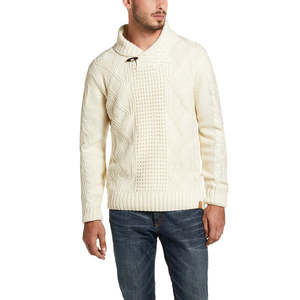 Small Size <b>Men's</b> White Fisherman Toggle <b>Shawl</b> Neck Sweater Weatherproof with Button Decoration - Product Image 1