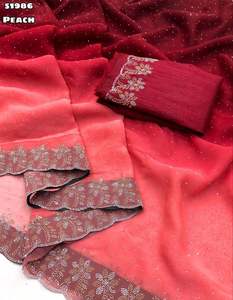 Nueva llegada último traje de moda nuevo Sari sombreado de gasa con diseño floral Siroski y trabajo de borde compras en línea India - Product Image 6